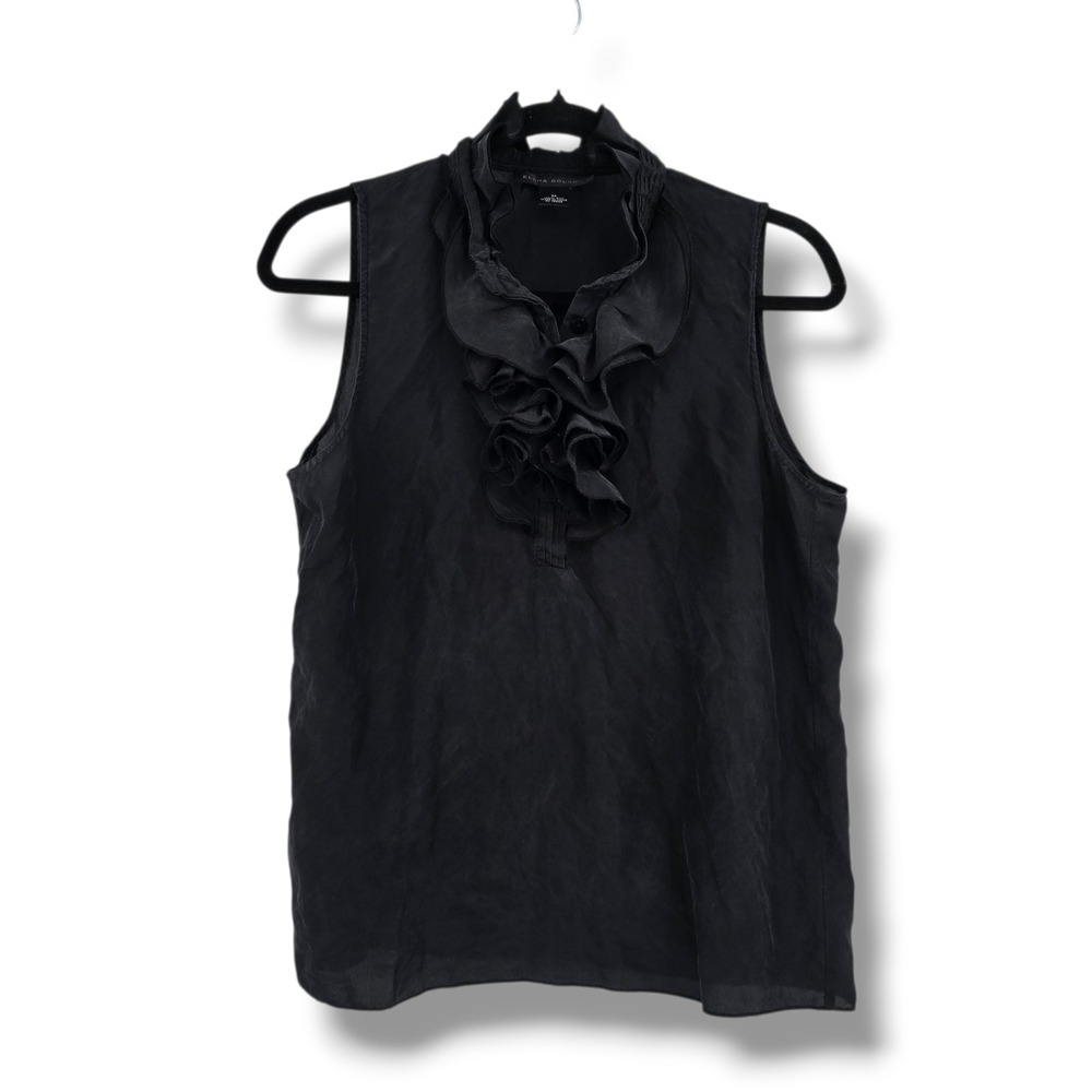 Elena Solano Womens Black 100% Silk Ruffle Front Sleeveless Blouse Top Size M